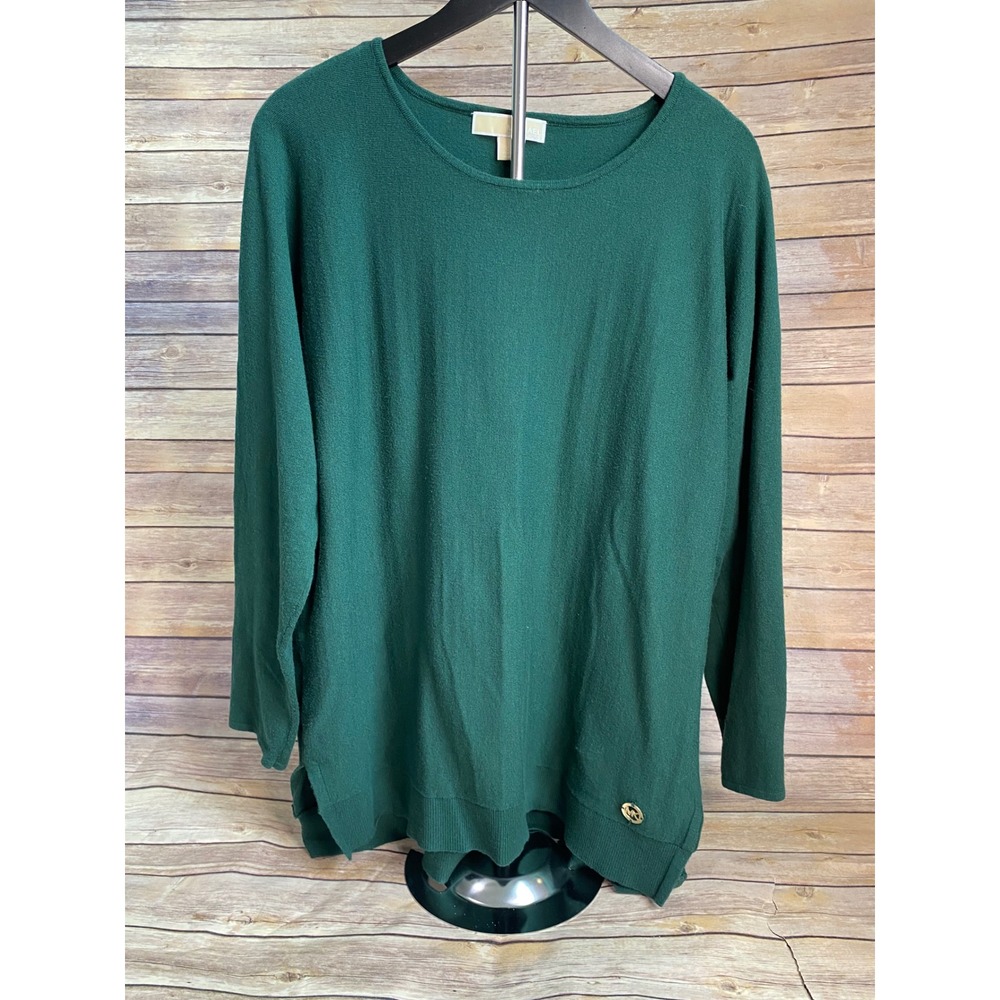 MICHAEL KORS Emerald Green Tunic Sweater Gold Logo Emblem EUC Size Large L